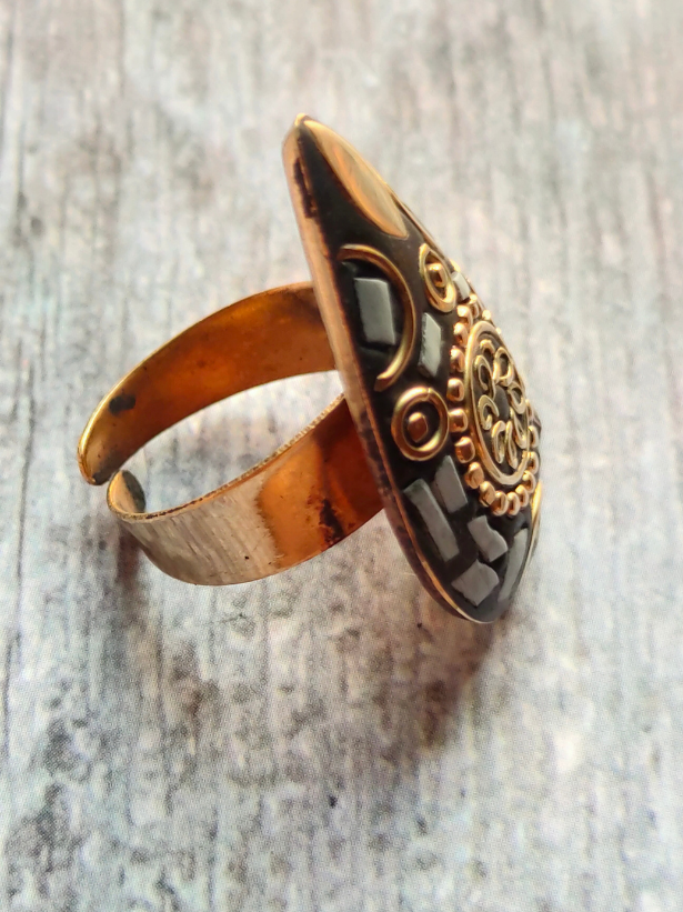 Black and White Tibetan Ring with Gold Detailing