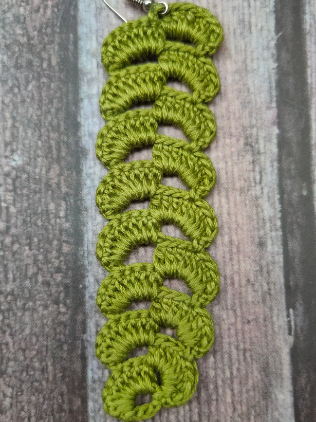 Green Hand Knitted Long Dangler Crochet Earrings