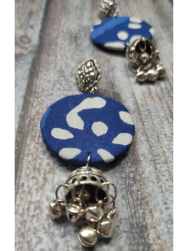 Indigo Fabric Earrings with Dangler Jhumkas
