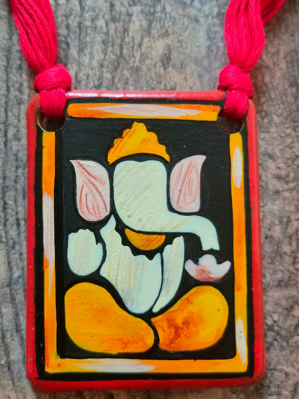 Handmade Ganesha Terracotta Necklace Set with Red Thread Closure