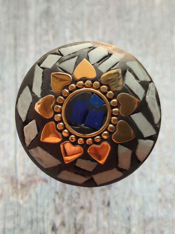 Black and White Round Tibetan Ring with Gold Detailing