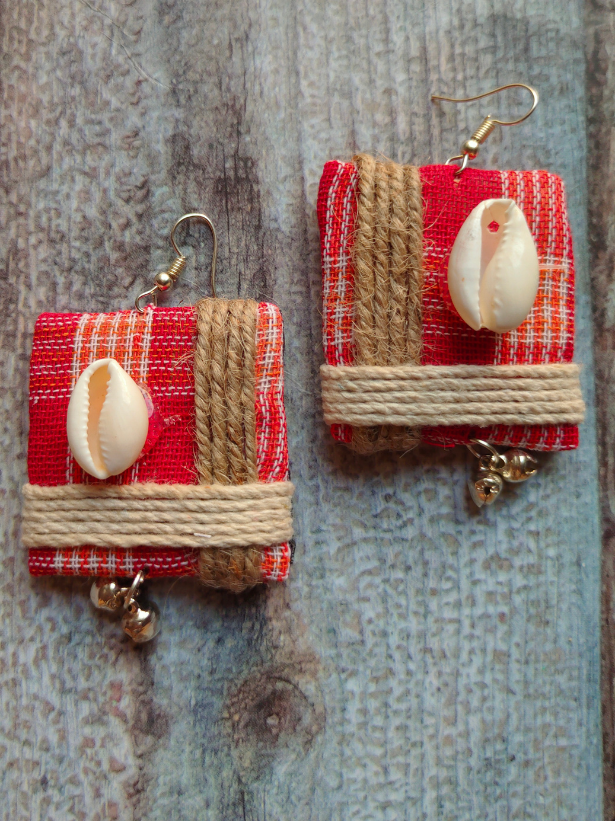 Fabric Earrings with Jute Work and Shell