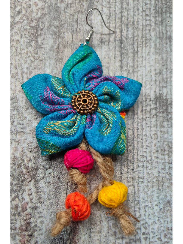 Handcrafted Sky Blue Flower Fabric Earrings with Jute Danglers