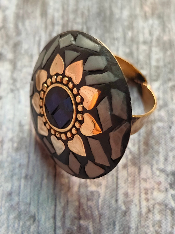 Black and White Round Tibetan Ring with Gold Detailing