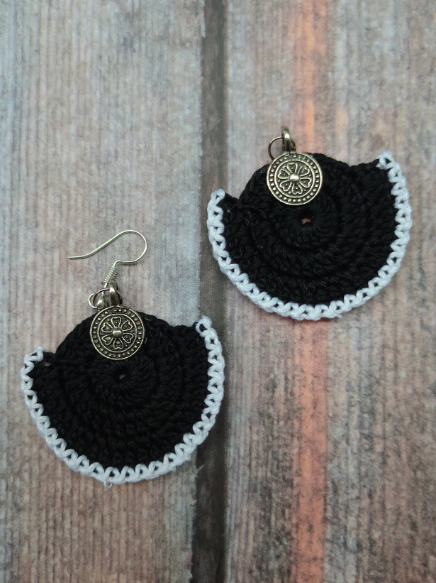 Black and White Hand Knitted Crochet Earrings