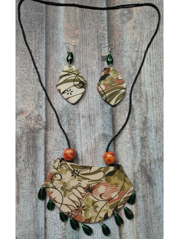Fabric Necklace Set with Glass and Wooden Beads