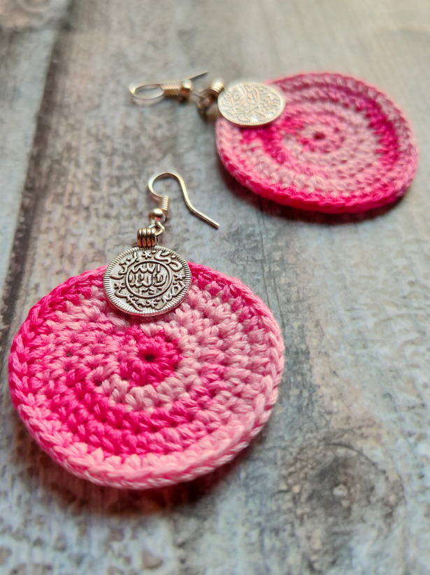 Pink and White Dual Tone Hand Knitted Crochet Earrings