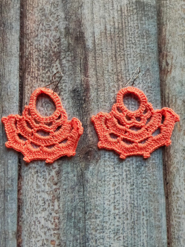 Orange Hand Knitted Crochet Dangler Earrings