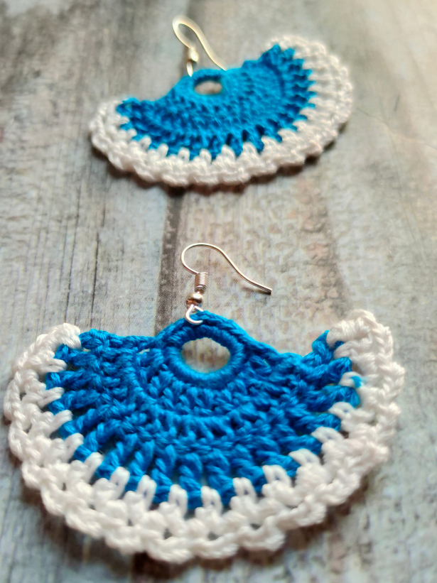 Dual Tone Blue and White Hand Knitted Crochet Dangler Earrings