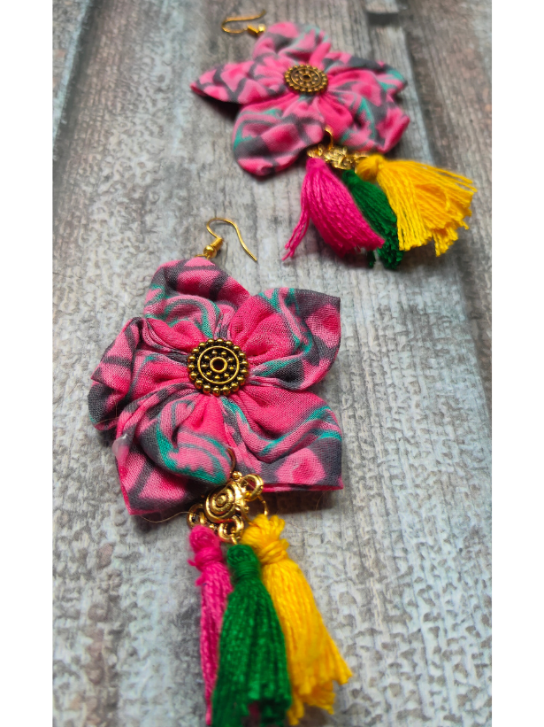 Handcrafted Pink & Grey Flower Fabric Earrings with Multi Color Pom Pom Danglers