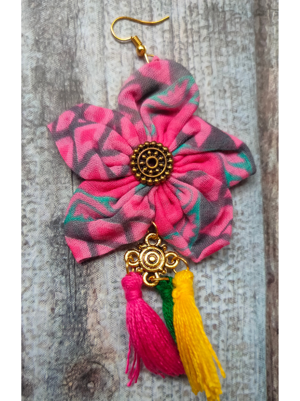 Handcrafted Pink & Grey Flower Fabric Earrings with Multi Color Pom Pom Danglers