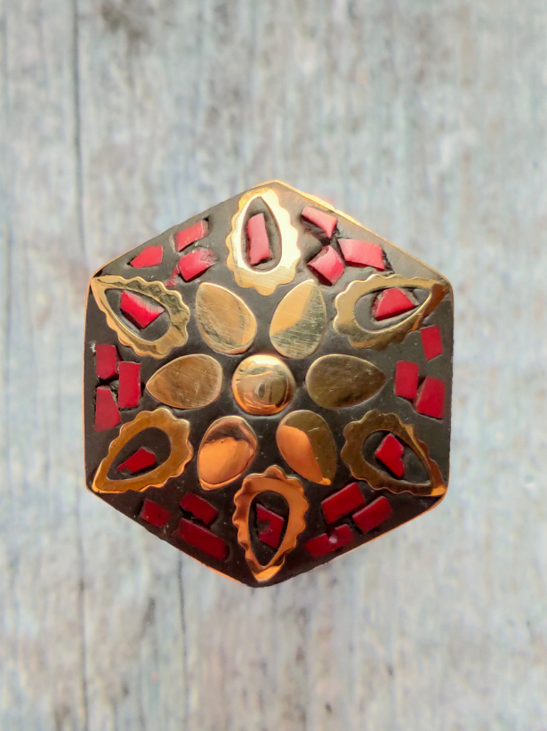 Black and Red Tibetan Ring with Gold Detailing