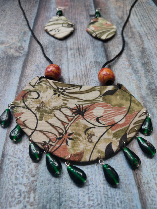 Fabric Necklace Set with Glass and Wooden Beads
