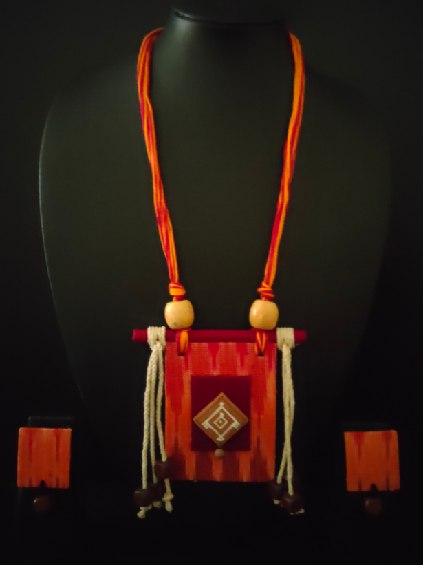 Orange Ikat Fabric Necklace Set with Wooden Beads Strands and Thread Closure