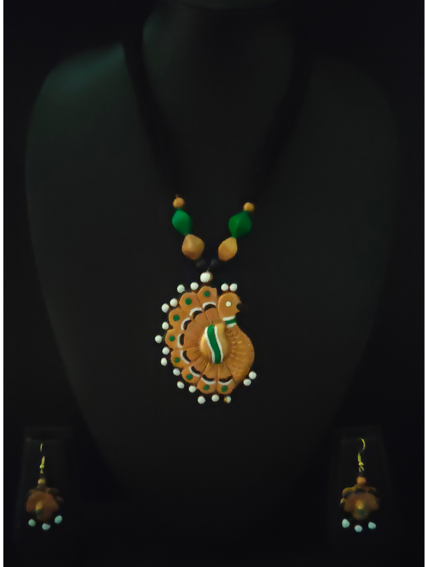 Peacock Shape Handmade Terracotta Clay Necklace Set with Thread Closure