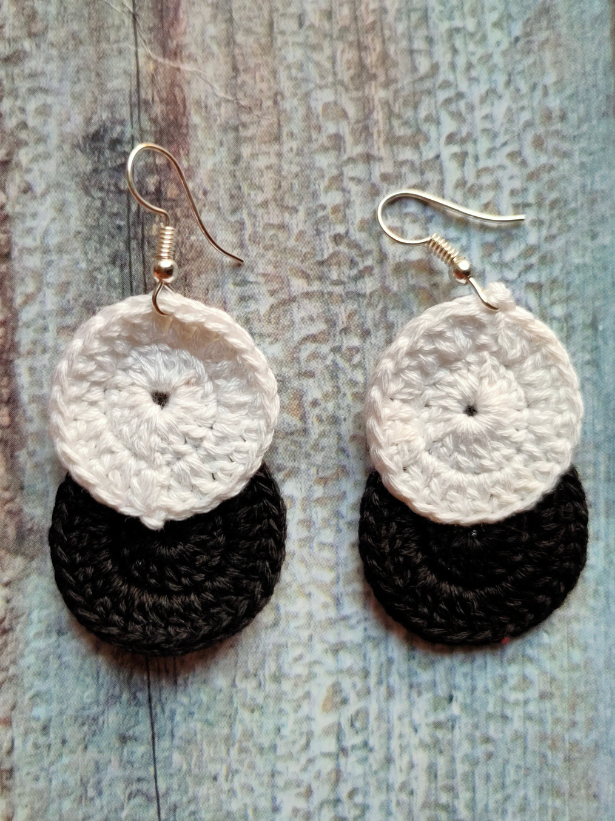 Black and White Hand Knitted Crochet Earrings
