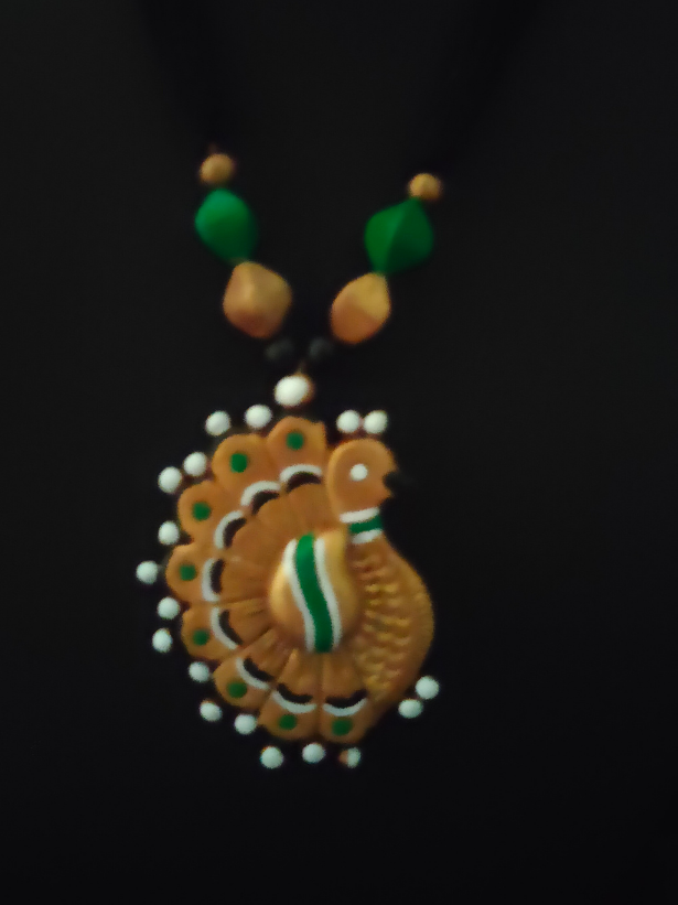 Peacock Shape Handmade Terracotta Clay Necklace Set with Thread Closure