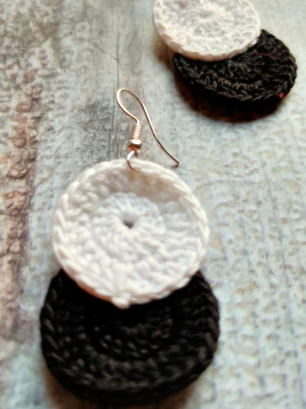 Black and White Hand Knitted Crochet Earrings