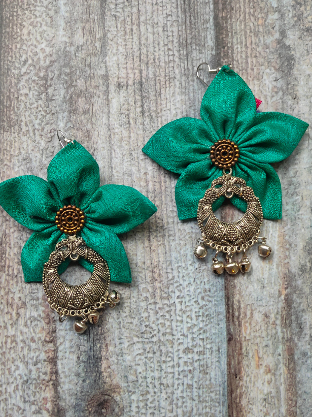 Handcrafted Sea Green Flower Fabric Earrings with Peacock Motif Metal Danglers