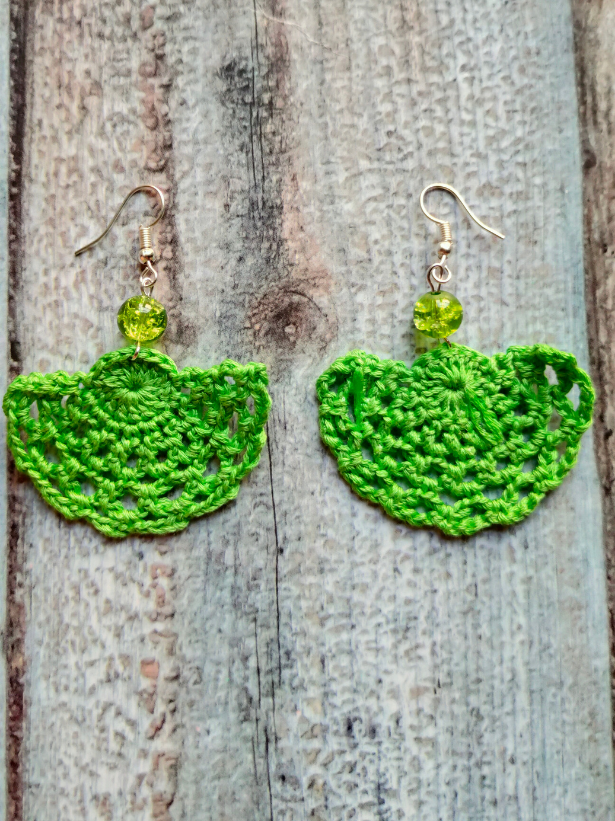Green Hand Knitted Crochet Earrings