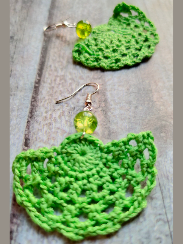 Green Hand Knitted Crochet Earrings