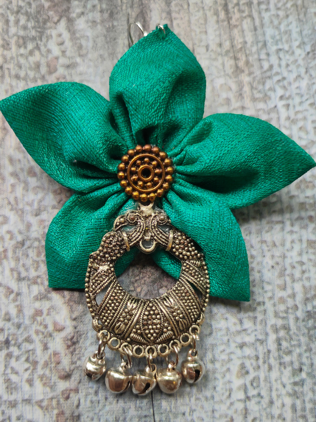 Handcrafted Sea Green Flower Fabric Earrings with Peacock Motif Metal Danglers
