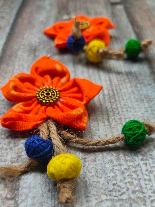 Handcrafted Fun Orange Flower Fabric Earrings with Jute Danglers