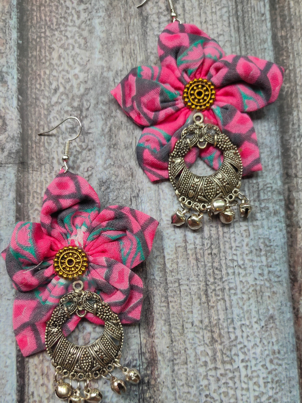 Handcrafted Pink & Grey Flower Fabric Earrings with Peacock Motif Metal Danglers