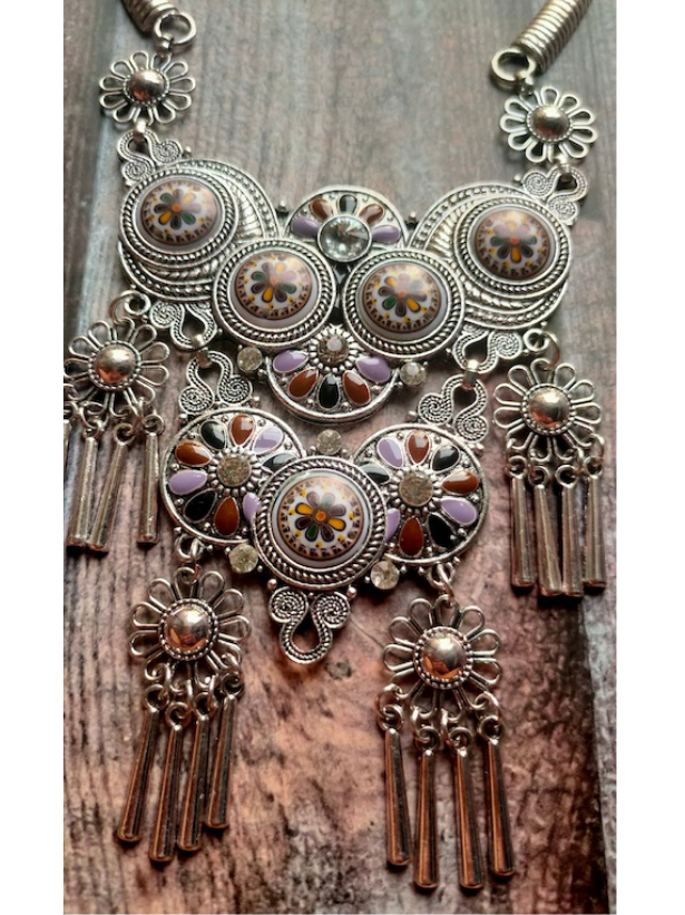 Intricately Detailed Flowers Painted and Stones Embedded Necklace