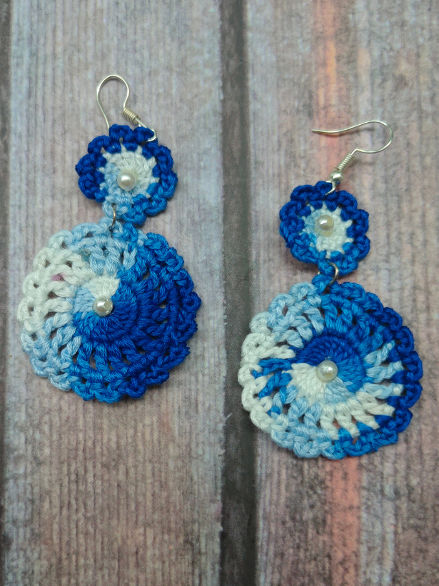Shades of Blue and White Hand Knitted Crochet Earrings