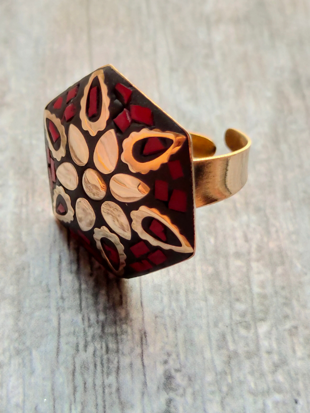 Black and Red Tibetan Ring with Gold Detailing