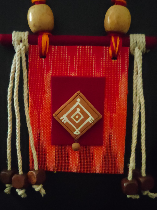 Orange Ikat Fabric Necklace Set with Wooden Beads Strands and Thread Closure