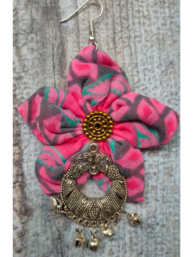 Handcrafted Pink & Grey Flower Fabric Earrings with Peacock Motif Metal Danglers