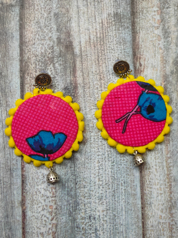 Pink & Yellow Fabric Earrings with Metal Jhumka Danglers