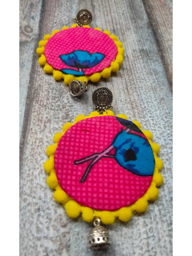 Pink & Yellow Fabric Earrings with Metal Jhumka Danglers