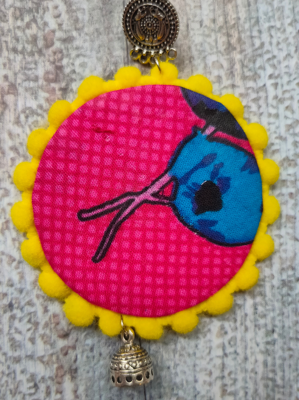 Pink & Yellow Fabric Earrings with Metal Jhumka Danglers