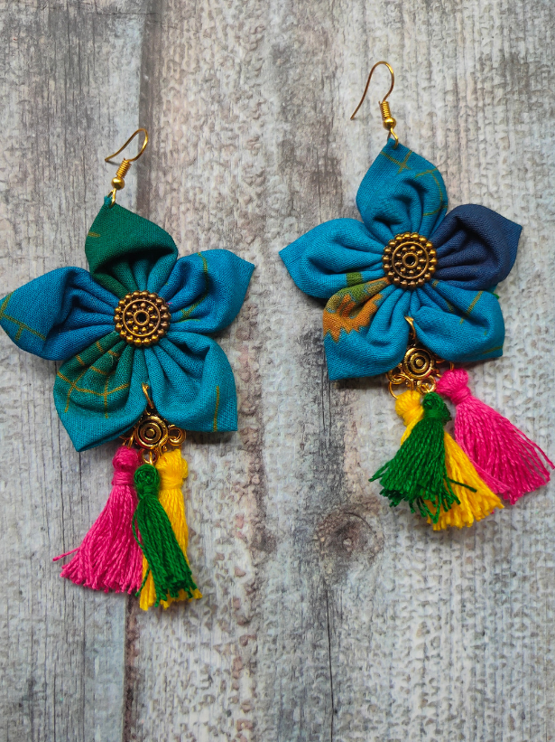 Shades of Blue Fabric Earrings with Multi Color Pom Pom Danglers