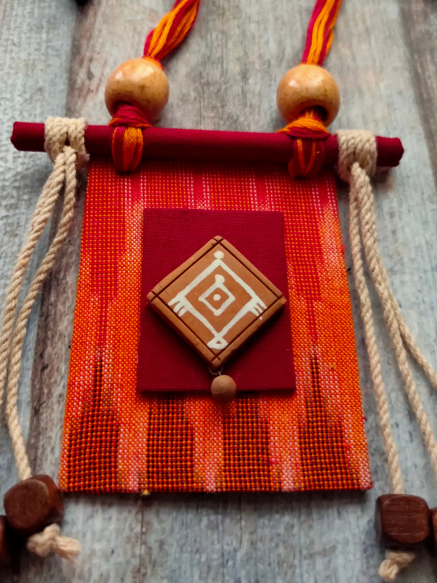 Orange Ikat Fabric Necklace Set with Wooden Beads Strands and Thread Closure