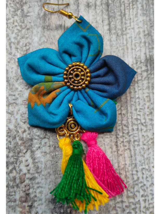 Shades of Blue Fabric Earrings with Multi Color Pom Pom Danglers