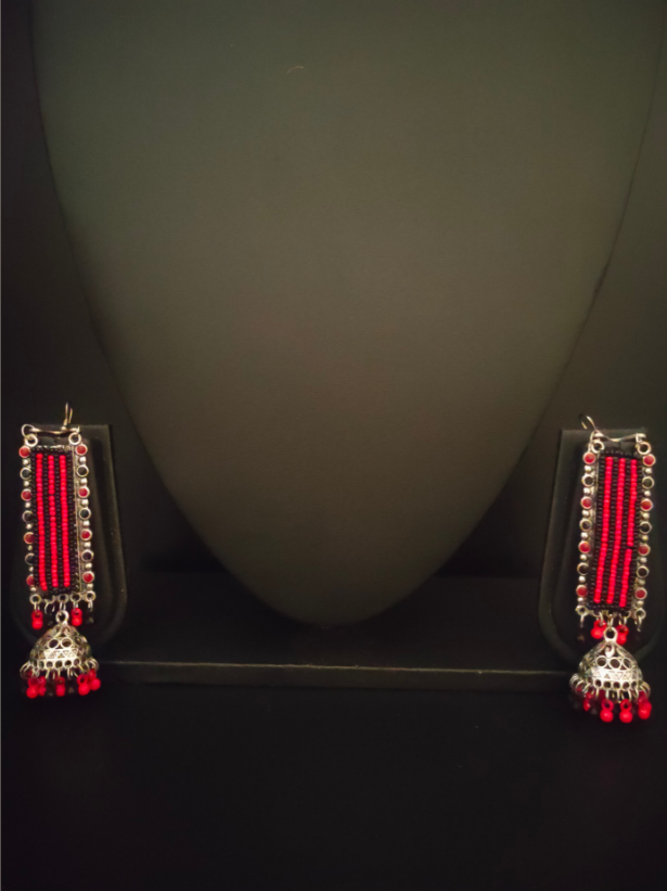 Red and Black Beads Metal Dangler Earrings with Jhumka