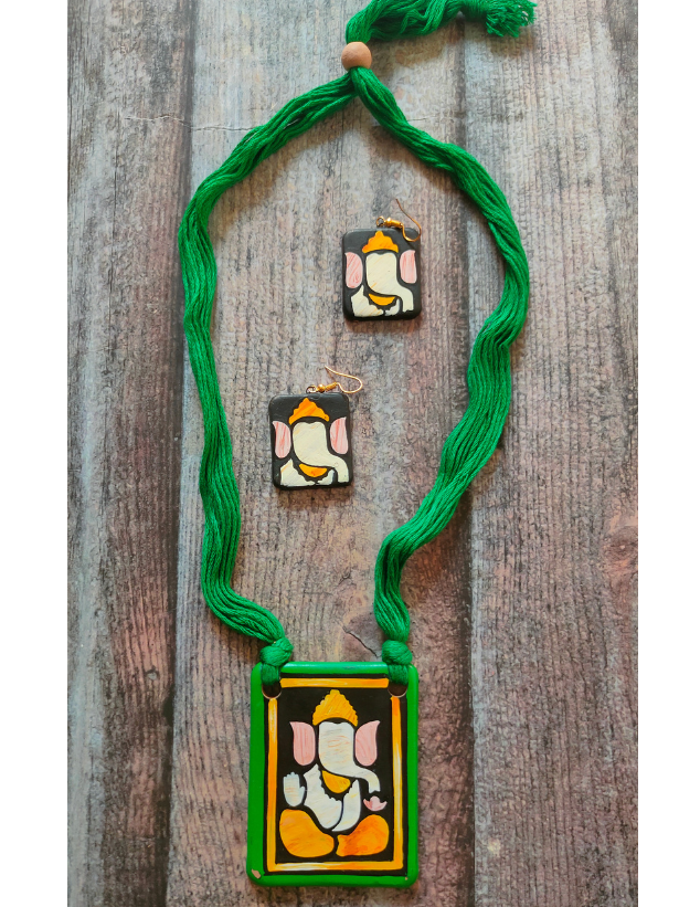 Handmade Ganesha Terracotta Necklace Set with Green Thread Closure