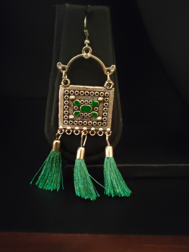 Oxidised Silver Choker Necklace Set with Green Thread Work