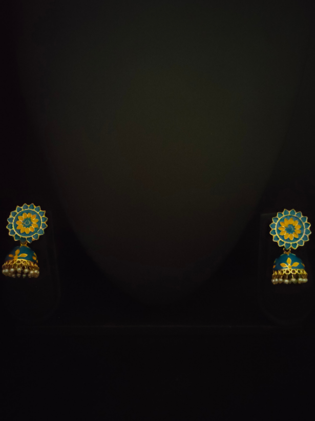 Yellow and Blue Handpainted Meenakari Jhumkas