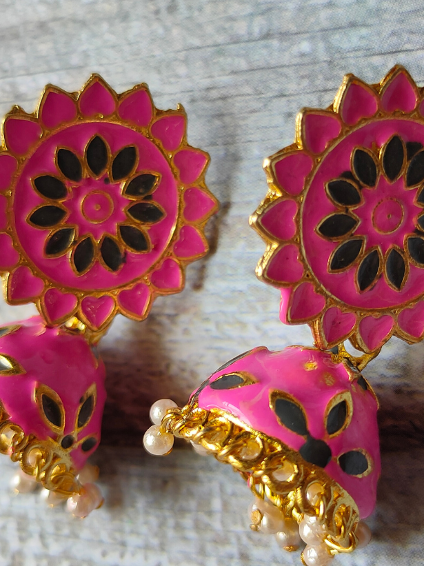 Pink and Green Handpainted Meenakari Jhumkas