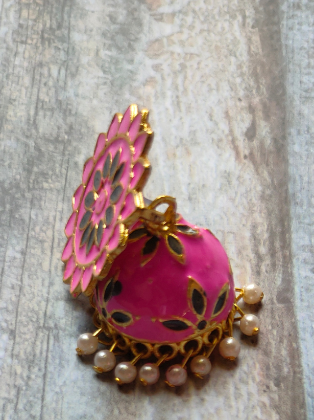 Pink and Green Handpainted Meenakari Jhumkas