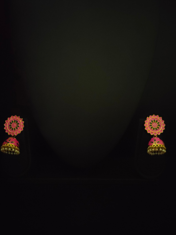 Pink and Green Handpainted Meenakari Jhumkas