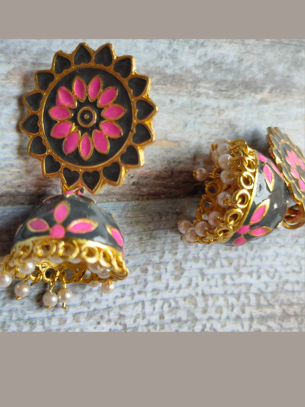 Green and Pink Handpainted Meenakari Jhumkas