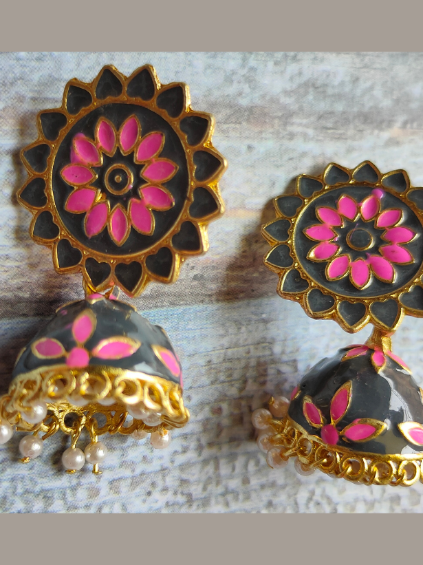Green and Pink Handpainted Meenakari Jhumkas