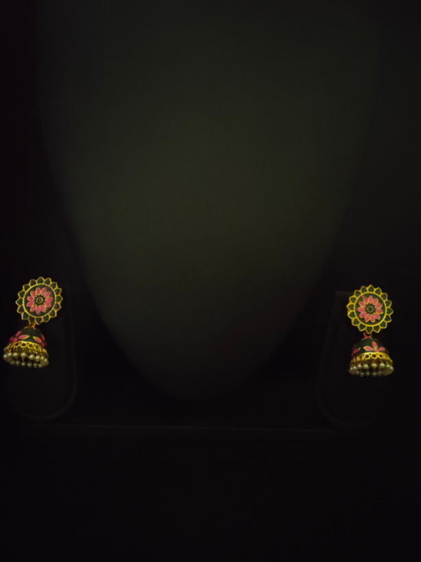 Green and Pink Handpainted Meenakari Jhumkas
