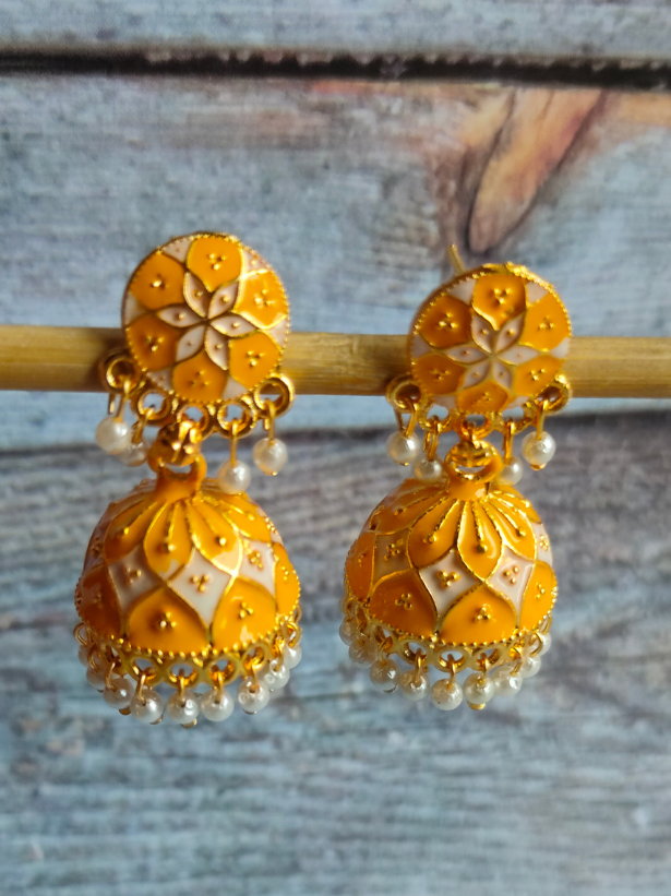Yellow Handpainted Meenakari Jhumkas